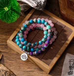 Colorful 108 Amazonite Stone Beads Lotus Flower Buddhism Symbol Bracelet