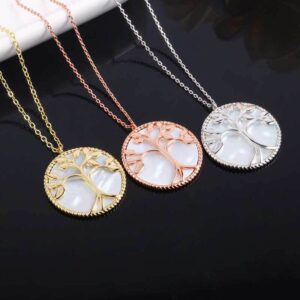 Gold Silver Rose Gold Natural Shell Base Tree of Life Pendant