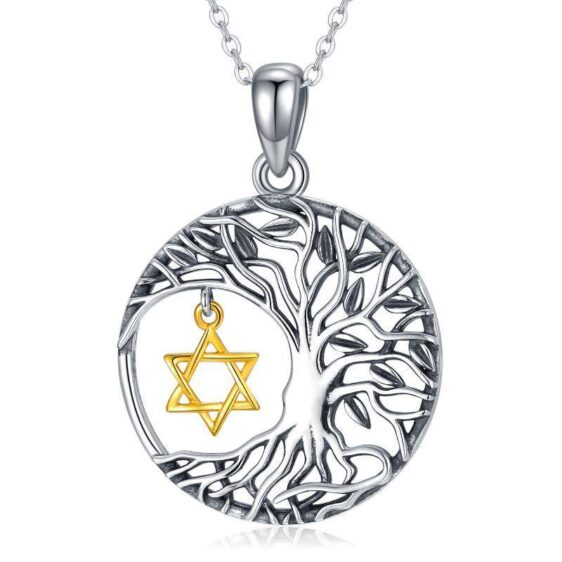 Gold Star of David Silver Kabbalah Tree of Life Pendant