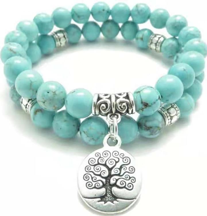 Blue Green Turquoise Beads Silver Tree of Life Symbol Bracelet