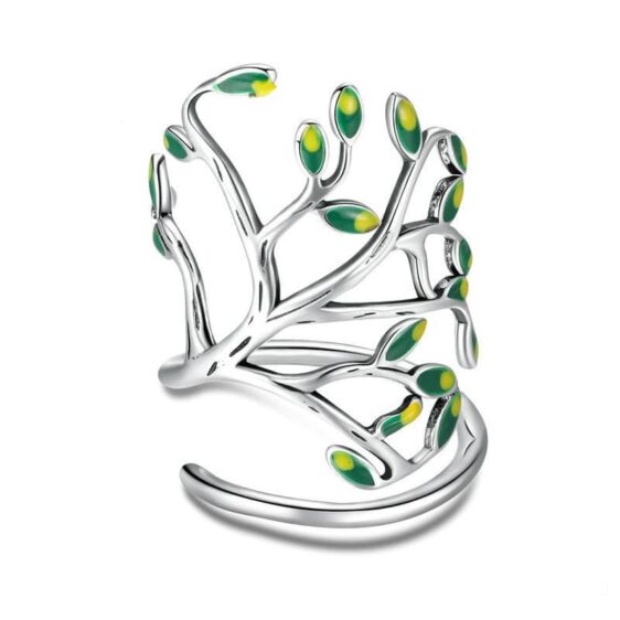 Silver Green Leaves Tree of Life Adjustable Wrap-Around Ring