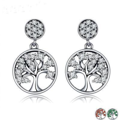 Green Red & White Zircon Crystal Silver Tree of Life Earrings