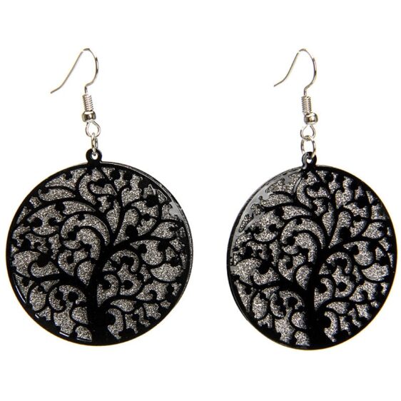 Black Gold Silver Hollow Carved Tree of Life Symbol Earrings