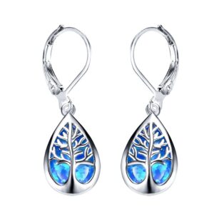 Blue And White Opal Silver Tree of Life Drop Earrings