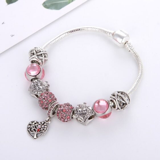 Pink Crystal Love Heart Charm Women's Tree of Life Bracelet