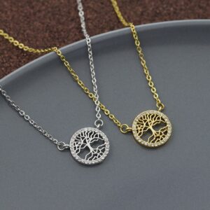 Silver Gold Zirconia Crystal Bible Tree of Life Necklace