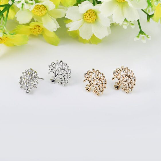 Gold Silver & Rose Gold With Semi-Precious Stone Tree of Life Stud Earrings