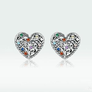Heart-Shaped Silver Tree of Life With Gems Stud Earrings
