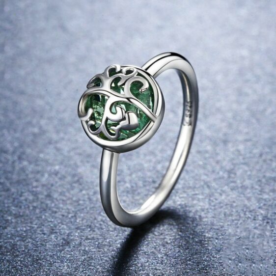 Green Inlay Glass Silver Tree of Life Women's Ring
