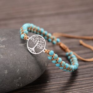 Natural Turquoise Beads Braided Silver Bible Tree of Life Bracelet