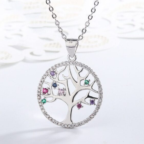 Zircon Crystals Silver Sacred Tree of Life Necklace