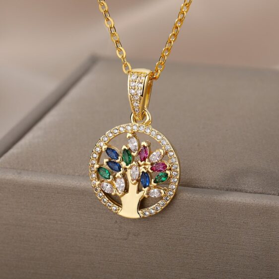 Elegant Zircon Crystal Gold Bible Tree of Life Necklace