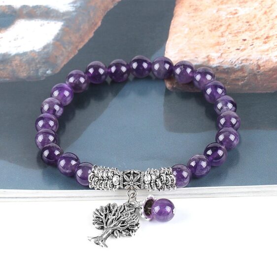 Natural Purple Amethyst Stones Sacred Tree of Life Symbol Bracelet