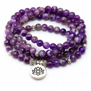 Purple Agate 108 Mala Beads Silver Spiritual Awakening Lotus Flower Bracelet