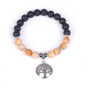 Handmade Lava Stones Dark & Light Wood Sacred Tree of Life Symbol Bracelet