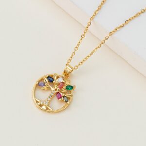 Colorful Crystal Leaf Sacred Tree of Life Pendant Necklace