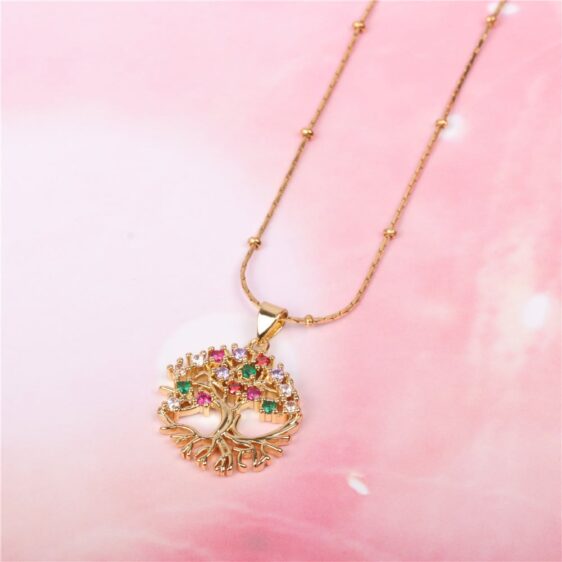 Colorful Zircon Crystal Copper Tree Of Life Necklace