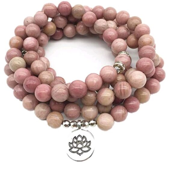108 Mala Rhodonite Beads Spiritual Awakening Lotus Flower Bracelet