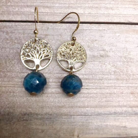 Natural Blue Apatite Stainless Steel Tree Of Life Earrings