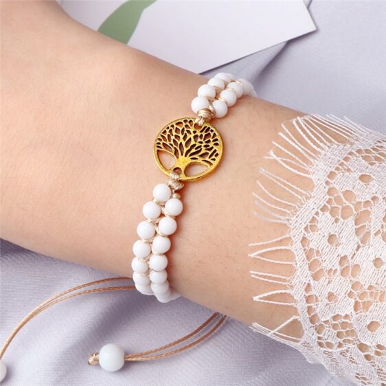 White Turquoise Beads Braided Sacred Tree of Life Symbol Bracelet