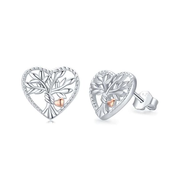 Silver Love Heart Tree of Life Symbol Stud Earrings