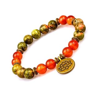 Natural Agate Stone Beads Gold Lotus Flower Buddhism Symbol Bracelet
