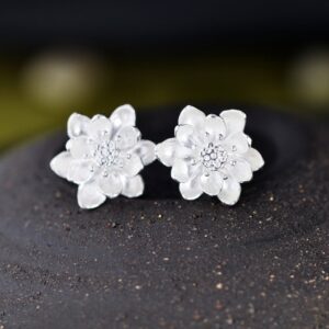Beautiful White Silver Lotus Flower Stud Earrings