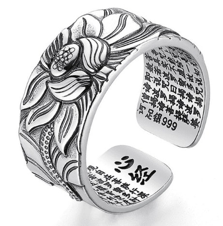 Silver Retro Mantra Lotus Flower Adjustable Men's Ring