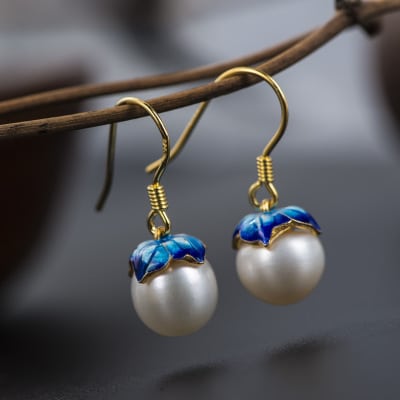 Beautiful White Pearl Blue Gold Lotus Flower Purity Symbol Earrings