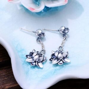 Exquisite Silver Lotus Flower Buddhism Symbol Earrings