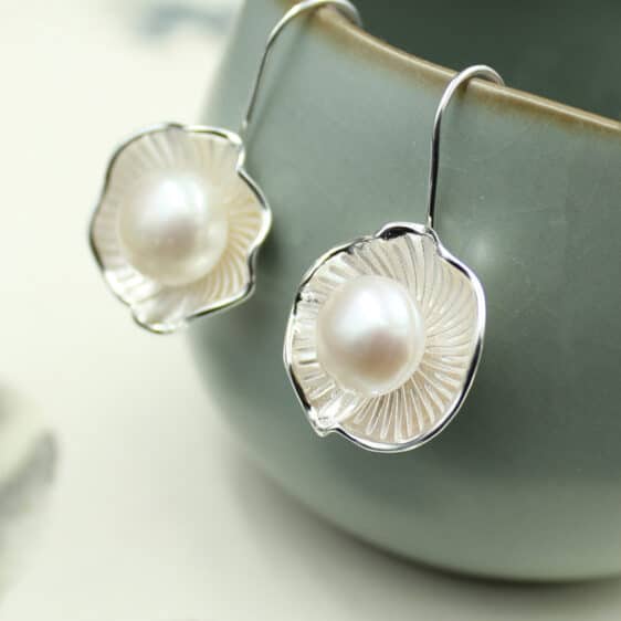 Exquisite Lotus Leaf Flower Pearl Design Hook Earrings