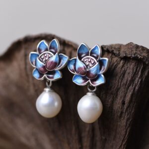 Artistic White Pearl Blue Women's Lotus Flower Stud Earrings
