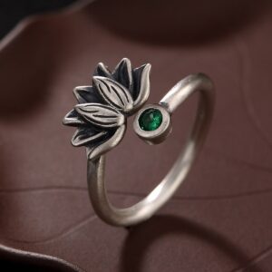 Green Gemstone Adjustable Yoga Lotus Flower Ring