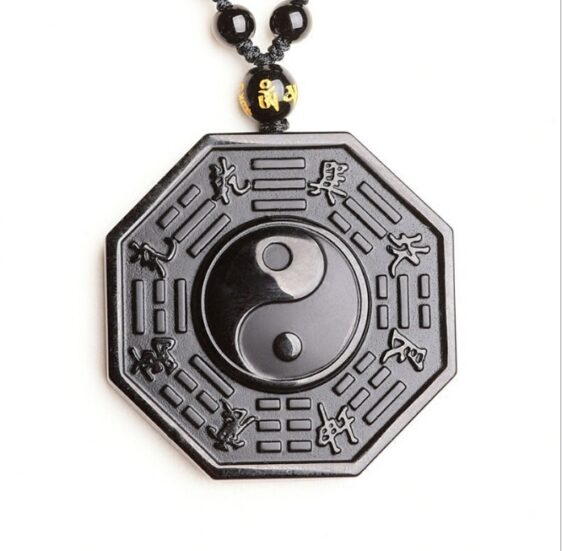 Obsidian Stone Bagua Chinese Elements Yin Yang Tai Chi Pendant Necklace