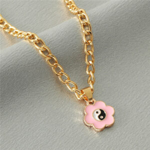Cute Pink Flower-Shaped Gold Chain Yin Yang Necklace