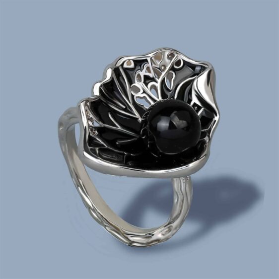 Silver Lotus Leaf Shape Inlaid Agate Stone Ring
