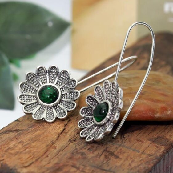 Ancient Style Emerald Silver Lotus Flower Spiritual Awakening Earrings