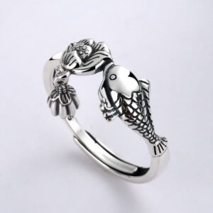 Carp And Lotus With Tassel Sterling Silver Women's Ring