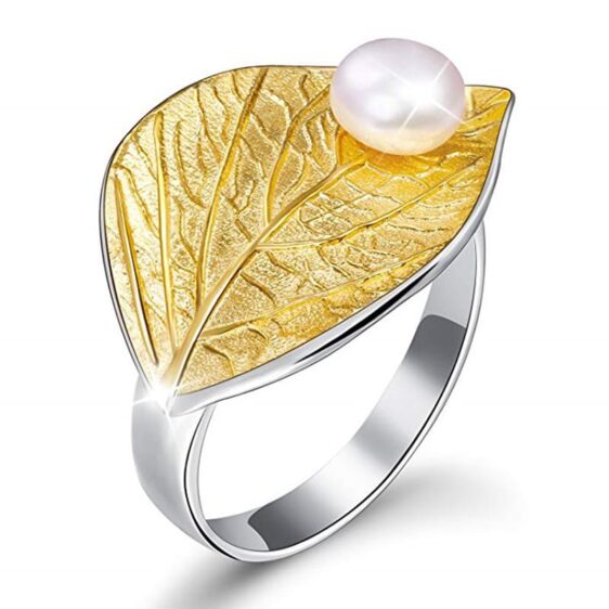 Lotus Leaf With Pearl Design Silver And Gold Ring