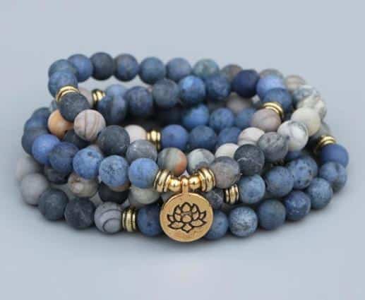 Blue Semi-Precious Mala Beads Lotus Pendant Necklace