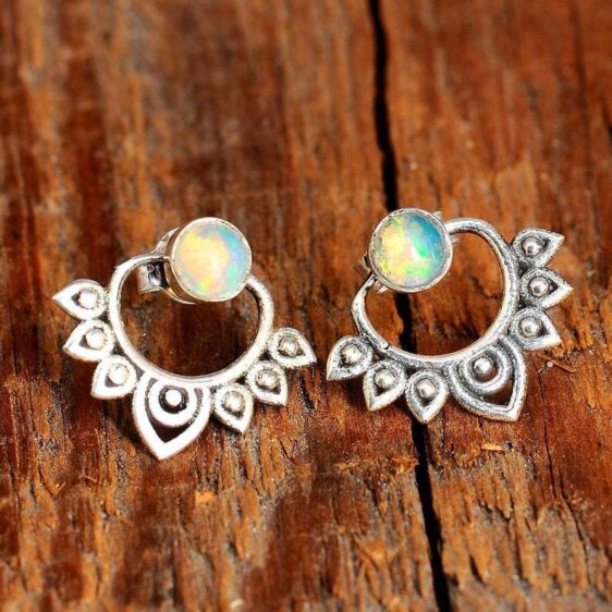 Unique Opal Stone Women's Lotus Flower Stud Earrings