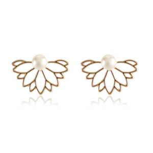 White Pearl Silver & Gold Women's Lotus Flower Purity Symbol Stud Earrings