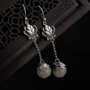Unique White Jade Lotus Flower Purity Symbol Drop Earrings