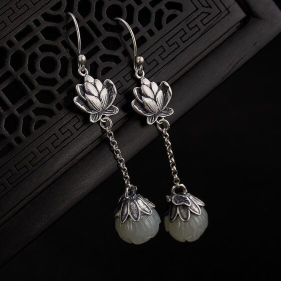 Unique White Jade Lotus Flower Purity Symbol Drop Earrings