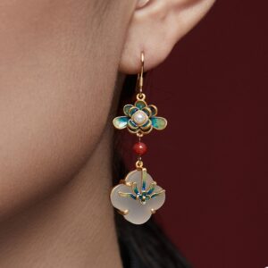 Red Jade Ornament Style Women's Lotus Flower Symbol Earrings