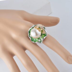 Elegant Lotus Leaf Frog Shiny Pearl Symbol Ring