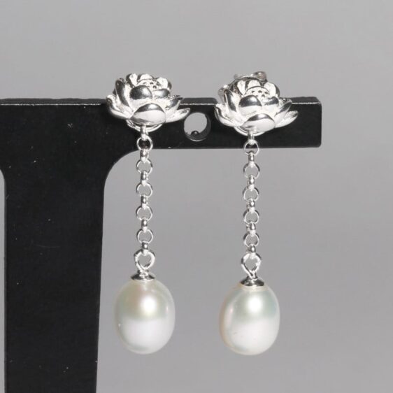 Silver Pearl Women's Lotus Flower Purity Symbol Drop Earrings