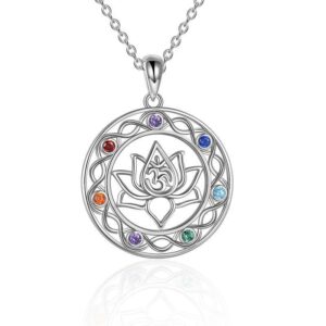 7 Chakra Zircon Stones OM Lotus Celtic Silver Pendant Necklace
