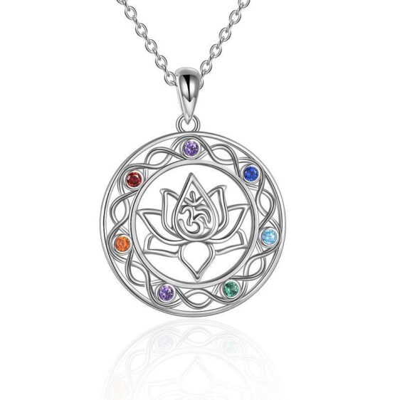 7 Chakra Zircon Stones OM Lotus Celtic Silver Pendant Necklace