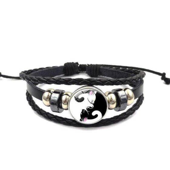 Yin Yang Cat Braided Faux Leather Bracelet